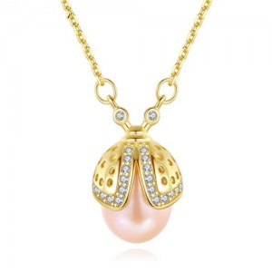 Korean Fashion Wholesale 925 Sterling Silver Jewelry Ladybug Natural Pearl Pendant Necklace - Pink