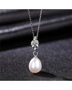 Wholesale Silver Jewelry Shining Leaves Pearl Pendant 925 Sterling Silver Necklace - White