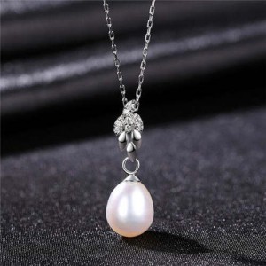 Wholesale Silver Jewelry Shining Leaves Pearl Pendant 925 Sterling Silver Necklace - White