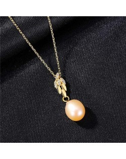 Wholesale Silver Jewelry Shining Leaves Pearl Pendant 925 Sterling Silver Necklace - Pink