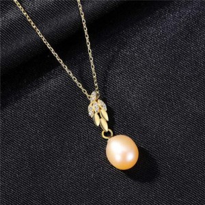 Wholesale Silver Jewelry Shining Leaves Pearl Pendant 925 Sterling Silver Necklace - Pink