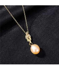 Wholesale Silver Jewelry Shining Leaves Pearl Pendant 925 Sterling Silver Necklace - Pink