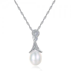 Elegent Morning Glory Design Pearl Pendant Wholesale 925 Sterling Silver Necklace
