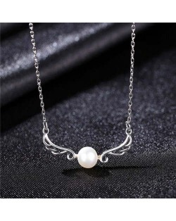 Beautiful Angle Wings with Round Pearl Pendant Wholesale 925 Sterling Silver Necklace - White