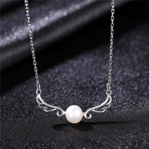Beautiful Angle Wings with Round Pearl Pendant Wholesale 925 Sterling Silver Necklace - White