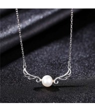 Beautiful Angle Wings with Round Pearl Pendant Wholesale 925 Sterling Silver Necklace - White