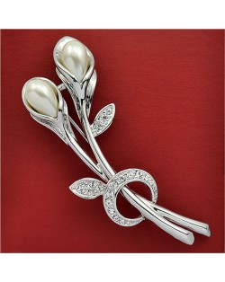 Rhinestone and Pearl Embellished 18K Platinum Tulip Brooch