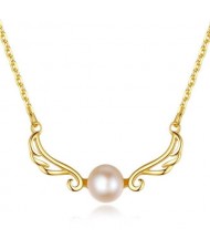 Beautiful Angle Wings with Round Pearl Pendant Wholesale 925 Sterling Silver Necklace - Purple