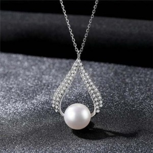 Luxurious Style Wholesale 925 Sterling Silver Cubic Zirconia Inlaid Waterdrop Pearl Necklace - White