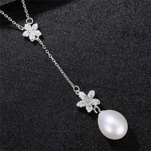 Wholesale 925 Sterling Silver Jewelry Cubic Zirconia Embellished Lily and Pearl Tassel Pendant Necklace - White