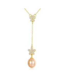 Wholesale 925 Sterling Silver Jewelry Cubic Zirconia Embellished Lily and Pearl Tassel Pendant Necklace - Pink