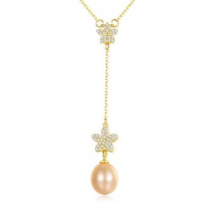 Wholesale 925 Sterling Silver Jewelry Cubic Zirconia Embellished Lily and Pearl Tassel Pendant Necklace - Pink
