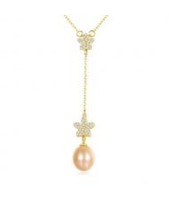 Wholesale 925 Sterling Silver Jewelry Cubic Zirconia Embellished Lily and Pearl Tassel Pendant Necklace - Pink
