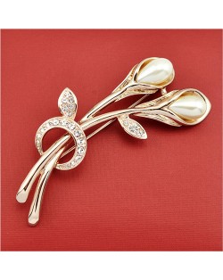 Rhinestone and Pearl Embellished 18K Rose Gold Brooch