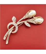 Rhinestone and Pearl Embellished 18K Rose Gold Brooch