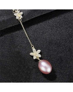 Wholesale 925 Sterling Silver Jewelry Cubic Zirconia Embellished Lily and Pearl Tassel Pendant Necklace - Purple