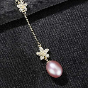 Wholesale 925 Sterling Silver Jewelry Cubic Zirconia Embellished Lily and Pearl Tassel Pendant Necklace - Purple