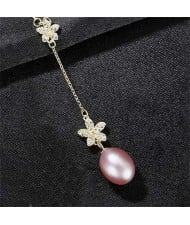 Wholesale 925 Sterling Silver Jewelry Cubic Zirconia Embellished Lily and Pearl Tassel Pendant Necklace - Purple