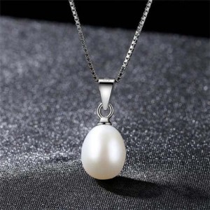Wholesale 925 Sterling Silver Jewelry Korean Fashion Elegant Oval Pearl Pendant Necklace - White