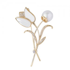 Elegent Tulip Opal 18K Rose Gold Pearl Brooch