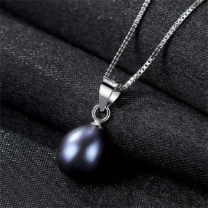 Wholesale 925 Sterling Silver Jewelry Korean Fashion Elegant Oval Pearl Pendant Necklace - Black