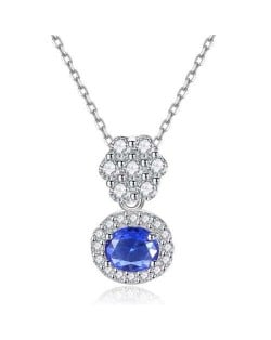 Wholesale 925 Sterling Silver Jewelry Cubic Zirconia Inlaid Flower with Sapphire Pendant Necklace