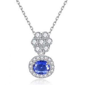 Wholesale 925 Sterling Silver Jewelry Cubic Zirconia Inlaid Flower with Sapphire Pendant Necklace