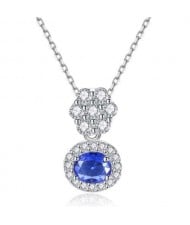 Wholesale 925 Sterling Silver Jewelry Cubic Zirconia Inlaid Flower with Sapphire Pendant Necklace