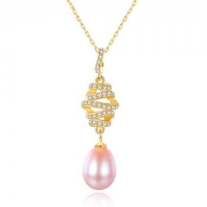 Wholesale 925 Sterling Silver Jewelry Romantic Winding Style Natural Pearl Pendant Necklace - Pink