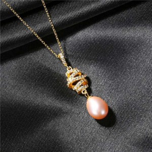 Wholesale 925 Sterling Silver Jewelry Romantic Winding Style Natural Pearl Pendant Necklace - Purple