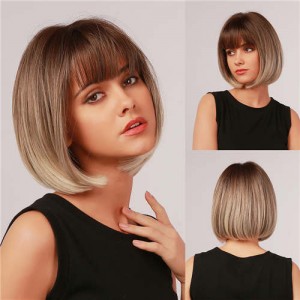 Brown Color Short Straight with Cute Bangs Synthetic Women Wholesale Wig