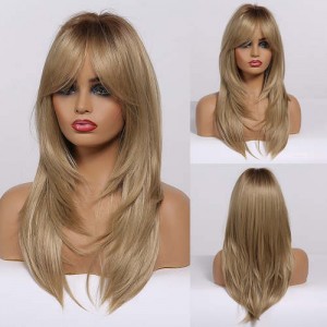 Light Golden Color Straight Long Synthetic Hair Elegant Women Wholesale Wig