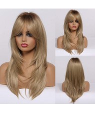 Light Golden Color Straight Long Synthetic Hair Elegant Women Wholesale Wig