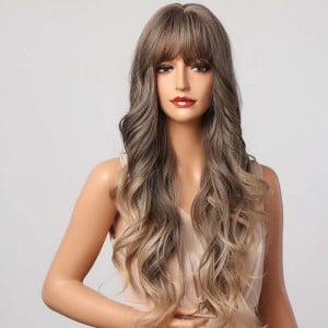 Gradient Brown Color Curly Long Synthetic Hair with Bangs U.S. Fashion Women Wholesale Wig