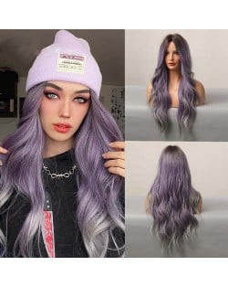 Gradient Purple Color Curly Long Synthetic Hair Central Parting U.S. Pop Fashion Women Wholesale Wig