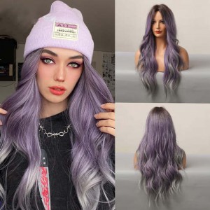Gradient Purple Color Curly Long Synthetic Hair Central Parting U.S. Pop Fashion Women Wholesale Wig