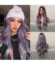 Gradient Purple Color Curly Long Synthetic Hair Central Parting U.S. Pop Fashion Women Wholesale Wig