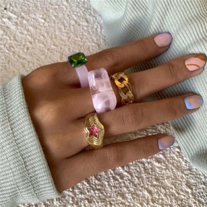 (4pcs) Vintage Style French Cookie Color Acrylic and Star Alloy Mixed Rings Set