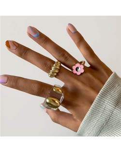 China Traditional Pinky Sun Flower Sweet Style Women Oil-spot Glazed Mixed Rings Set