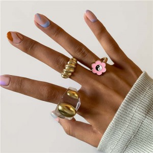 China Traditional Pinky Sun Flower Sweet Style Women Oil-spot Glazed Mixed Rings Set