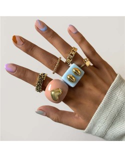 Wholesale Jewelry Candy Color Heart Design Hollow Letter and Chain Combo Alloy Rings Set