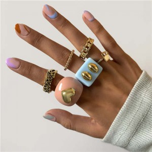 Wholesale Jewelry Candy Color Heart Design Hollow Letter and Chain Combo Alloy Rings Set