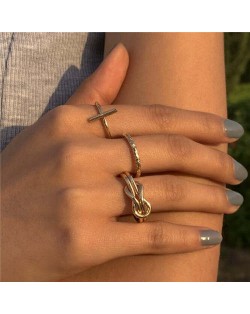Wholesale Jewelry Cross Theme Weaving Style Fashion Open Women Statement Rings Set - Golden