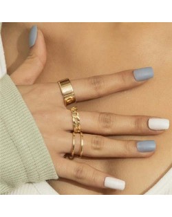 Korean Simple Design Wholesale Jewelry Fashion Open Plain Circle Hollow Chain Rings Set - Golden