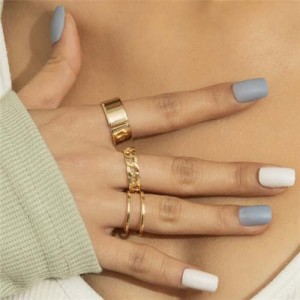 Korean Simple Design Wholesale Jewelry Fashion Open Plain Circle Hollow Chain Rings Set - Golden