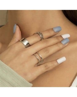Korean Simple Design Wholesale Jewelry Fashion Open Plain Circle Hollow Chain Rings Set - Silver