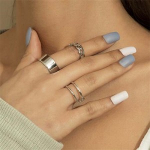 Korean Simple Design Wholesale Jewelry Fashion Open Plain Circle Hollow Chain Rings Set - Silver