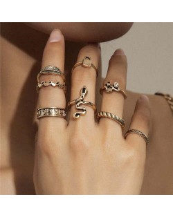 Vintage Punk Style Wholesale Jewelry Snake and Various Shapes Women Fashion 8pcs Rings Set - Golden