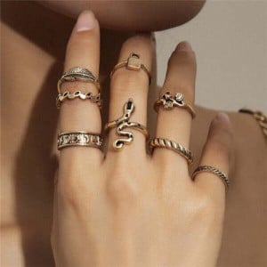 Vintage Punk Style Wholesale Jewelry Snake and Various Shapes Women Fashion 8pcs Rings Set - Golden