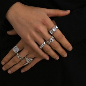 Vintage Punk Style Wholesale Jewelry Snake and Various Shapes Women Fashion 8pcs Rings Set - Silver